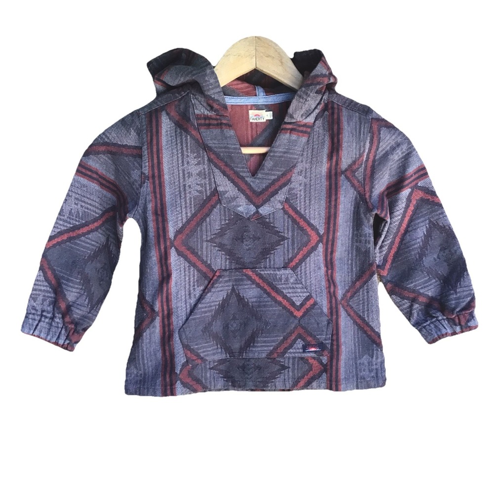 Faherty Kids Baja Hoodie Poncho Pullover Gray Red Southwestern Size 4 Cotton